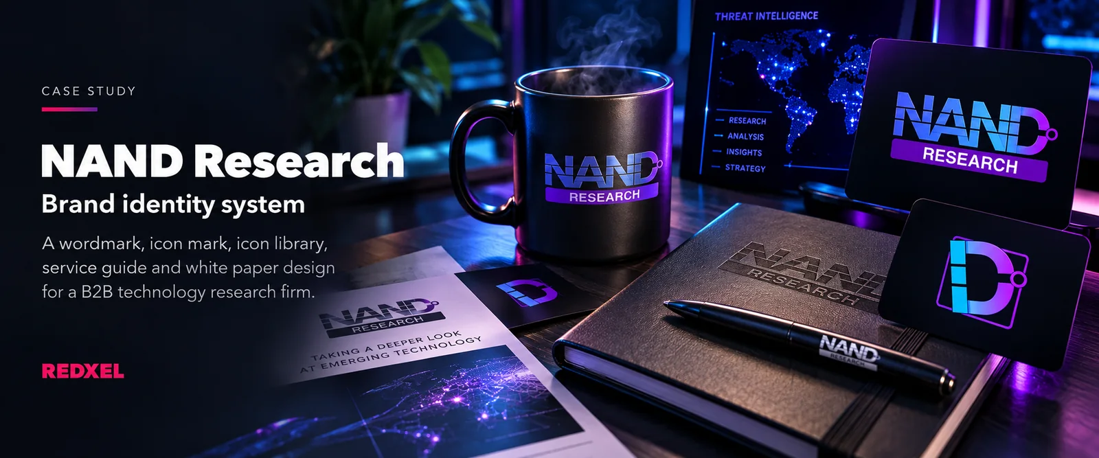 NAND Research brand identity system: a wordmark, icon mark, icon library, service guide and white paper design for a B2B technology research firm.