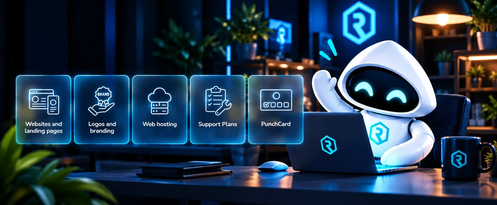 The REDXEL assistant waving beside five service tiles: Websites and landing pages, Logos and branding, Web hosting, Support Plans and PunchCard