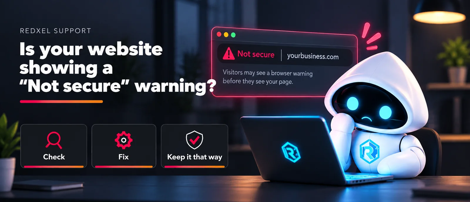 Is your website showing a Not secure warning? REDXEL checks your certificate, fixes it, and keeps it that way.