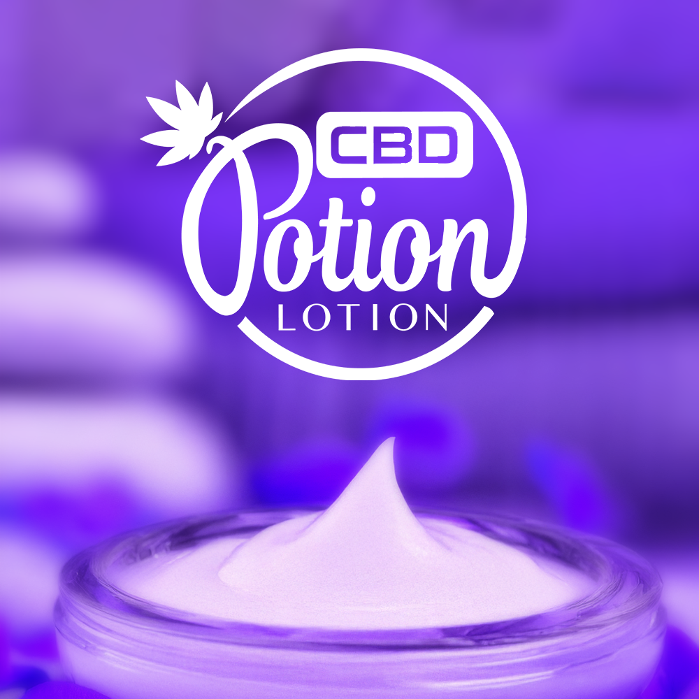 CBD Potion Lotion logo displayed in full color, featuring golden script, silver CBD badge, and swirling flare design