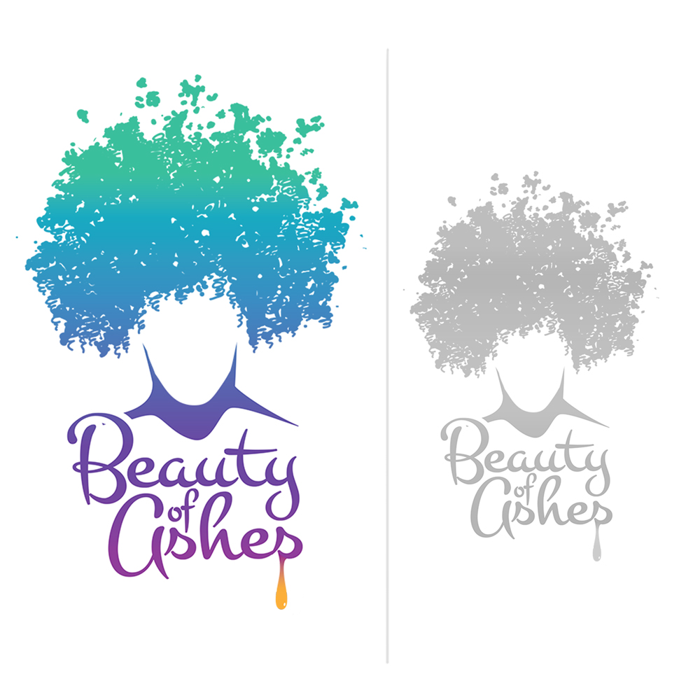 Early concept design of Beauty of Ashes featuring a gradient afro silhouette and purple typography, created for a religious women’s shirt