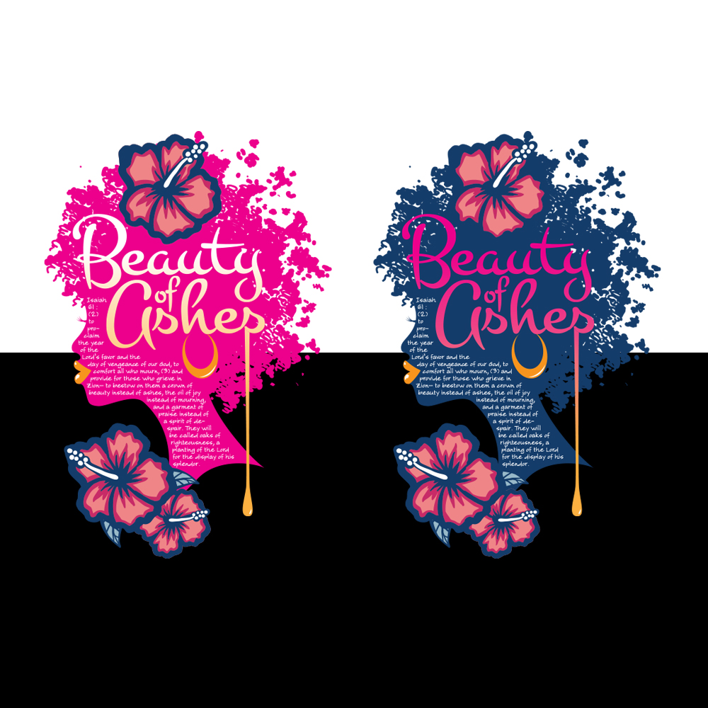 Side-by-side designs of Beauty of Ashes scripture art in vibrant pink and deep blue variations, created for religious women’s fashion