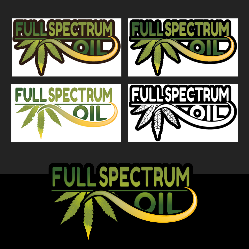 Color mockups showing five variations of Full Spectrum Oil logo including single-color, black, outline, and gradient treatments
