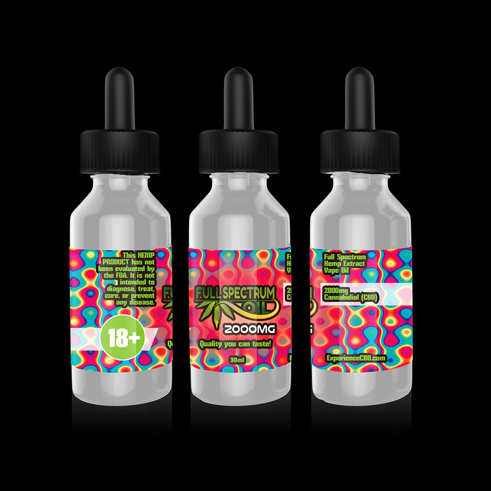 Final label design for Full Spectrum Oil (2000mg) on white 30ml bottle with psychedelic background and 18+ compliance badge