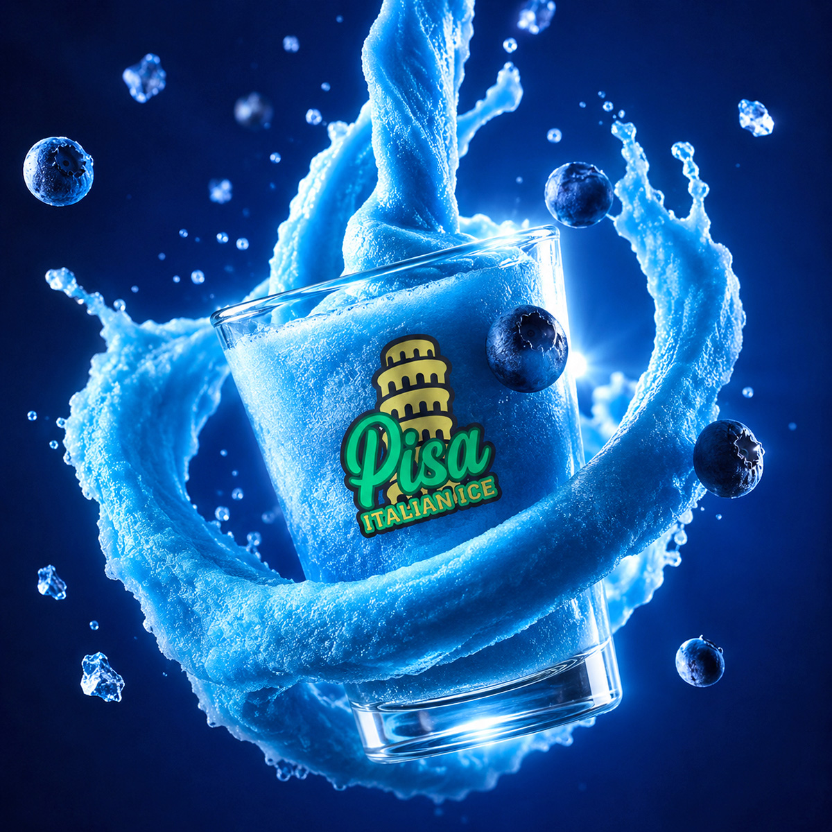 A glass of vibrant blue Italian ice with the ‘Pisa Italian Ice’ logo, surrounded by a swirling frozen splash and flying blueberries, all set against a deep, glowing blue background for a refreshing and dynamic visual.