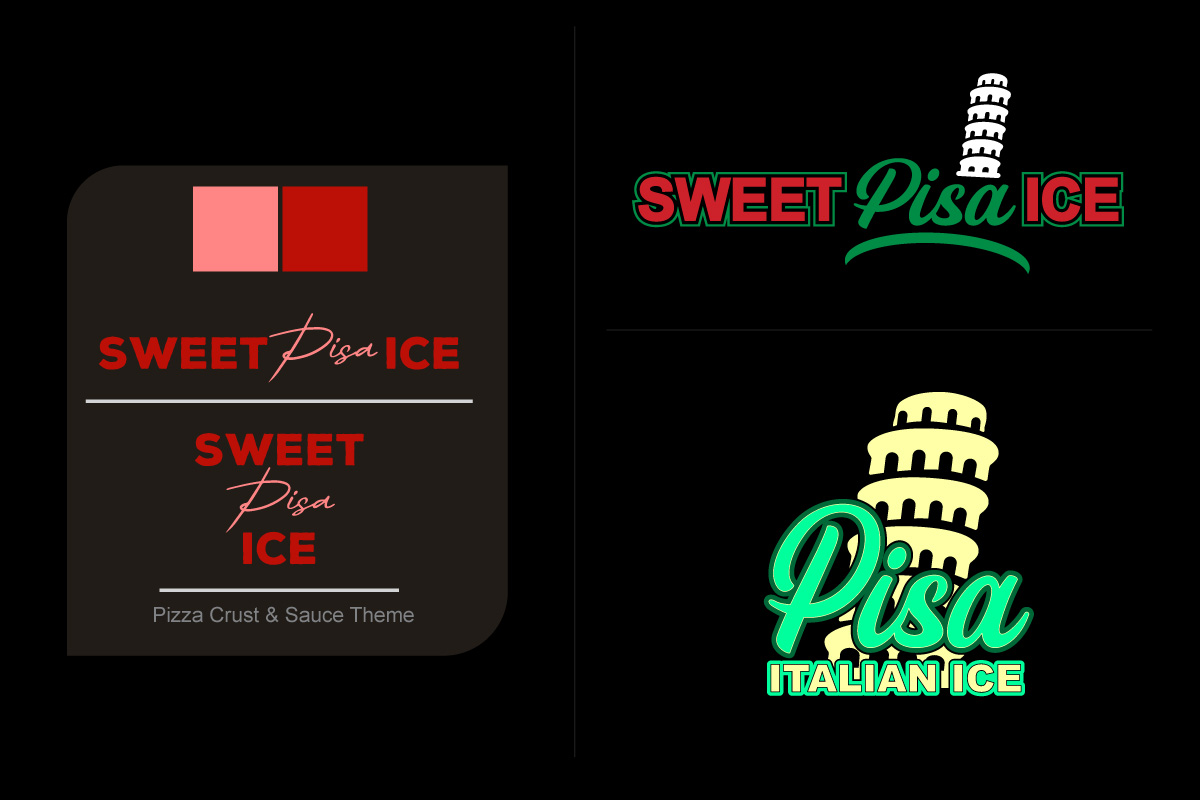 Branding concepts for “Sweet Pisa Ice” and “Pisa Italian Ice,” featuring logo variations in red, pink, green, and yellow palettes. The designs include the Leaning Tower of Pisa icon and color swatches, with a pizza crust and sauce theme explored on the left panel.