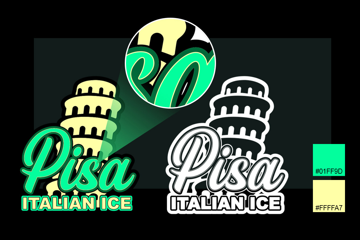 Logo exploration for “Pisa Italian Ice” featuring two versions: a vibrant teal and yellow design on the left, and a black-and-white version on the right. A zoomed-in highlight showcases typographic detail, and two accent color swatches (#01FF9D and #FFFFA7) are displayed in the corner.