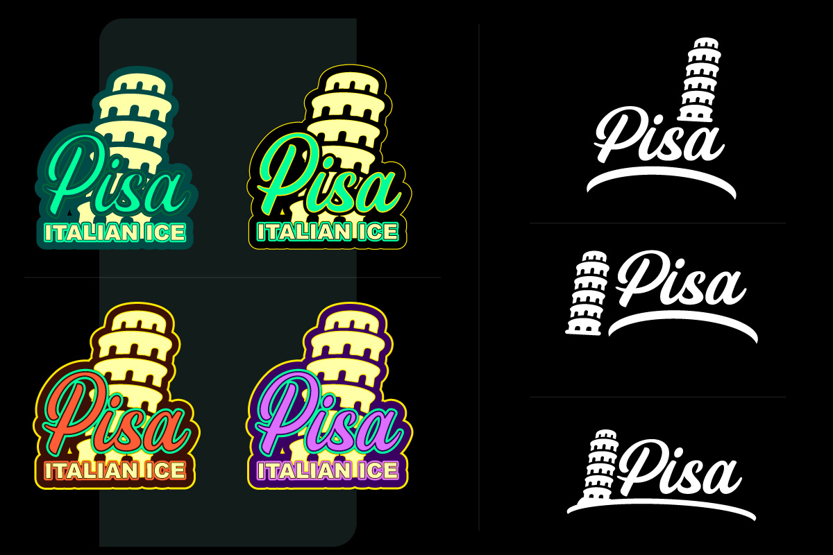 A selection of “Pisa Italian Ice” logo variations displayed on a split canvas: the left side features four colorful badge-style logos in different themes, while the right side shows three minimalist white versions of the logo with the Leaning Tower of Pisa and elegant script font, designed for dark backgrounds.