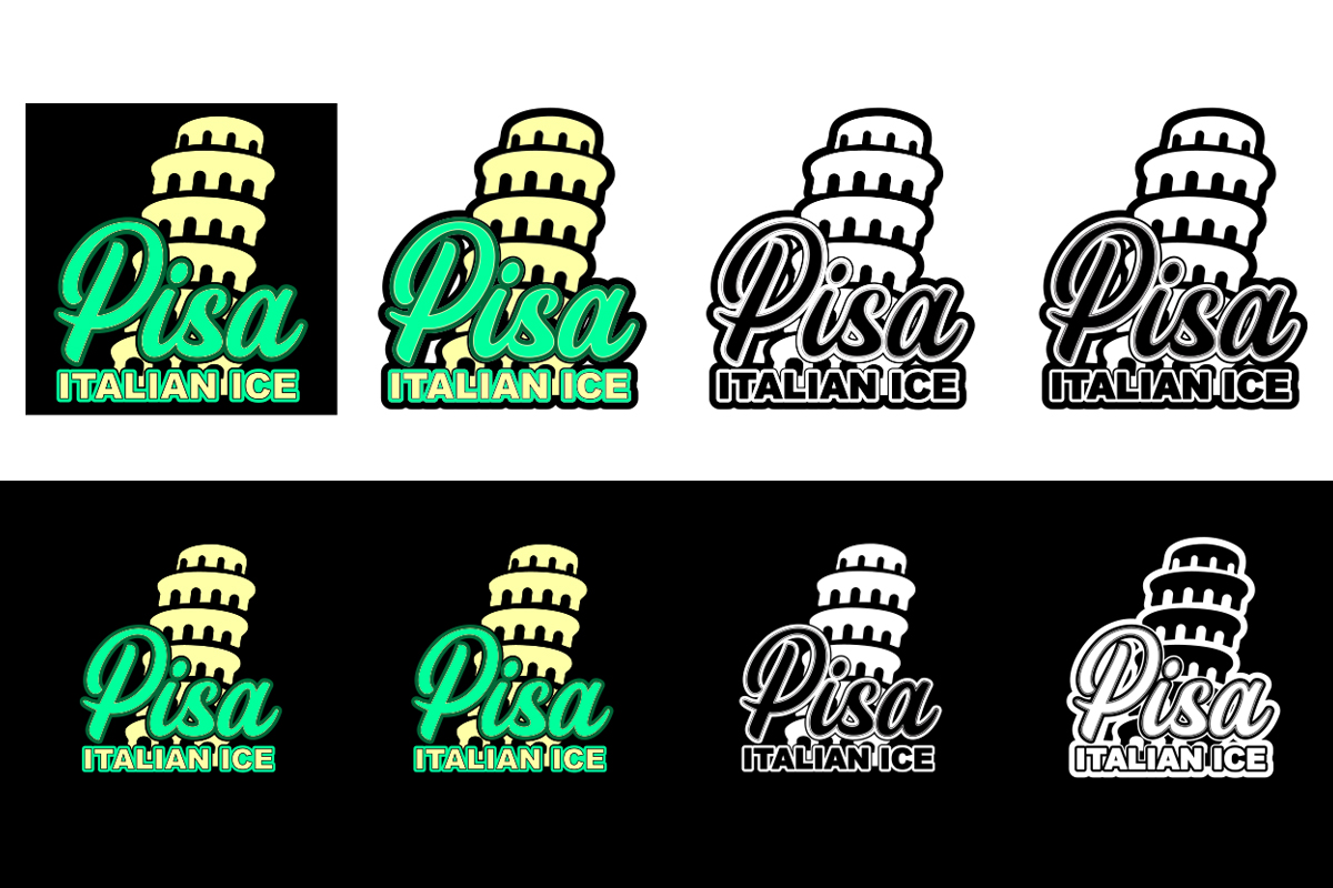 Grid of Pisa Italian Ice logo variations displayed on both white and black backgrounds, showcasing full-color, grayscale, and black-and-white styles for versatile branding across light and dark surfaces.
