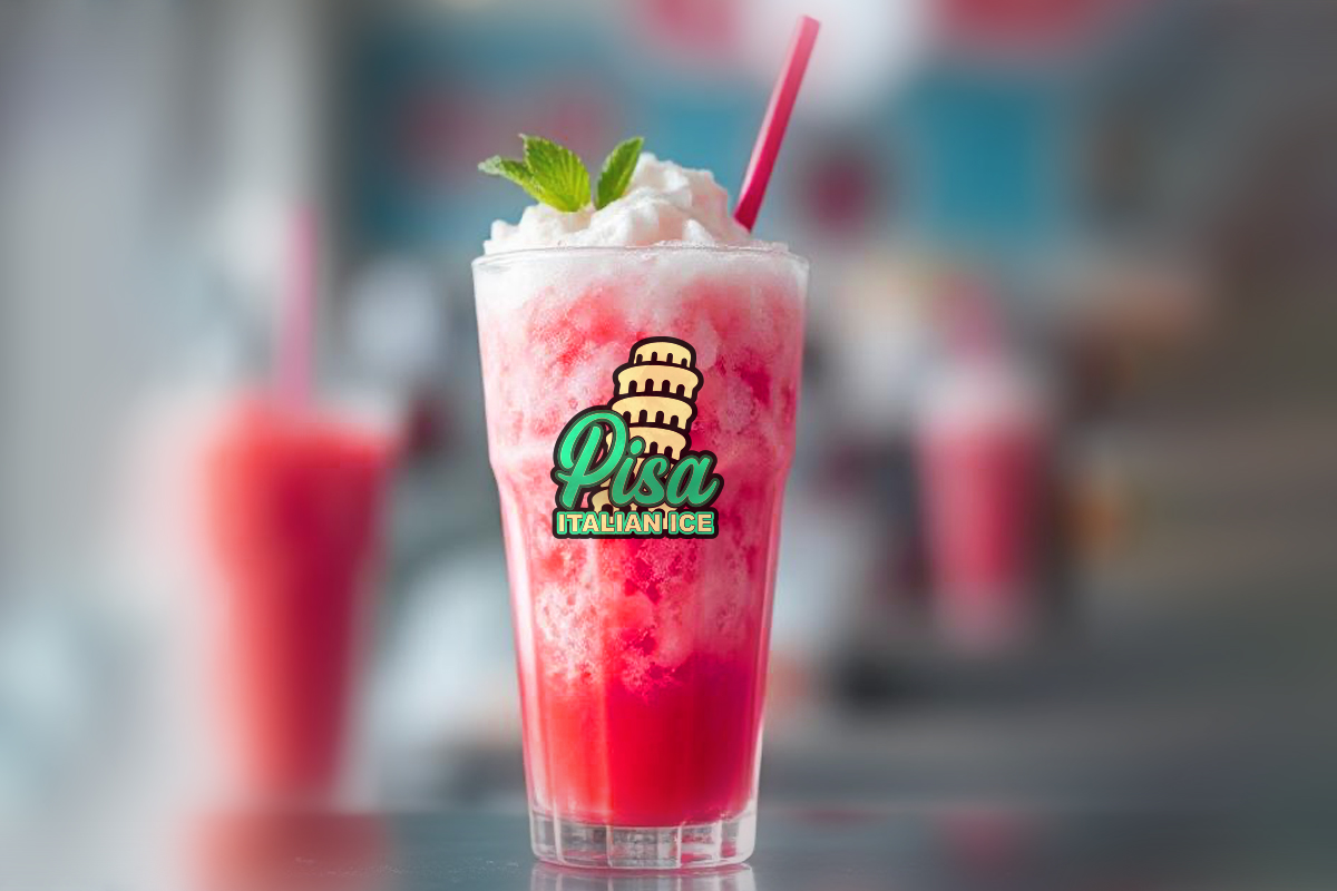 A tall glass of vibrant red and white Italian ice and topped with mint leaves, featuring the Pisa Italian Ice logo on the front, with a blurred background of similar drinks in a cool-toned setting.