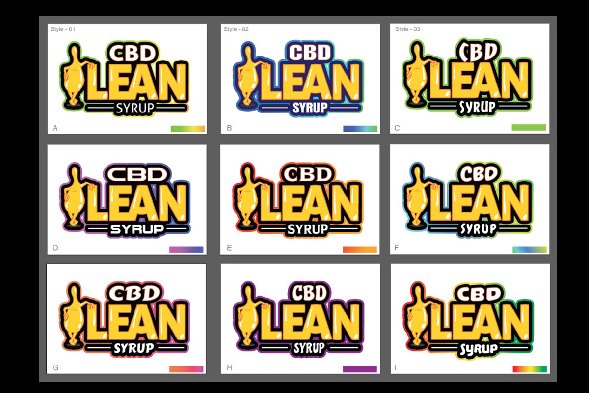 Close-up of the CBD Lean logo showing line precision and icon detail, with palette swatches including vibrant green and cream-yellow tones.