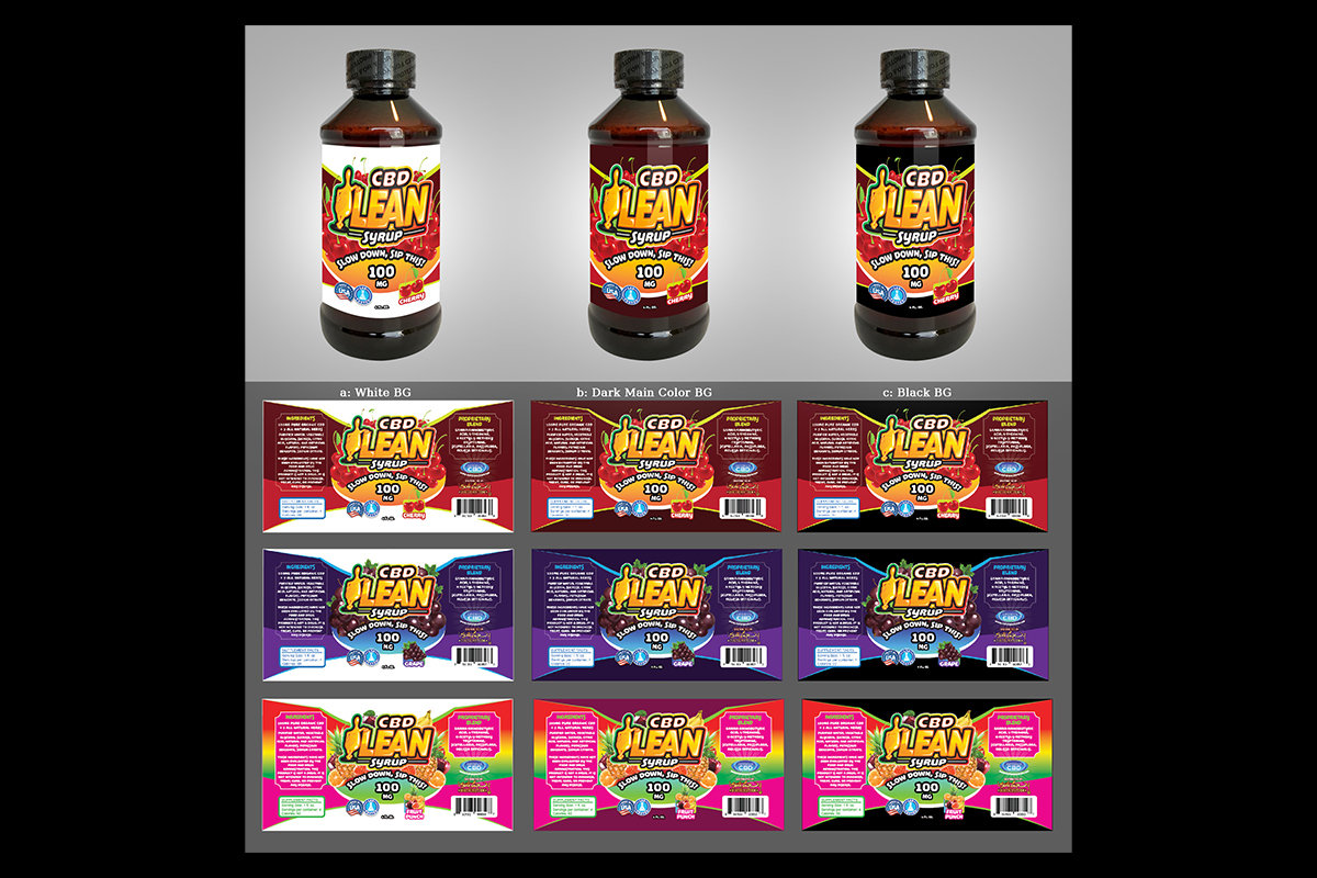 Variations of the CBD Lean logo in full color and white for light and dark backgrounds, alongside expressive color schemes for different product types.