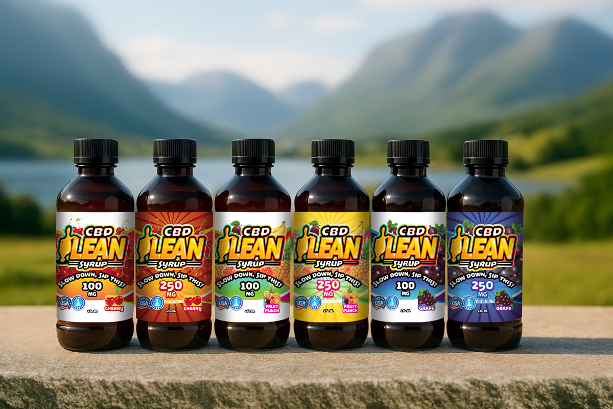 Final product rendering of a bright red CBD Lean frozen beverage with logo prominently featured on the glass, set in a blurred environment for marketing use.