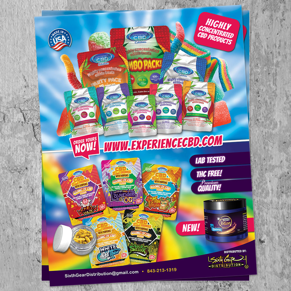 A double-page magazine ad layout featuring Experience CBD products, organized in colorful groupings with bright callouts and THC-Free/Lab-Tested quality assurances displayed prominently.