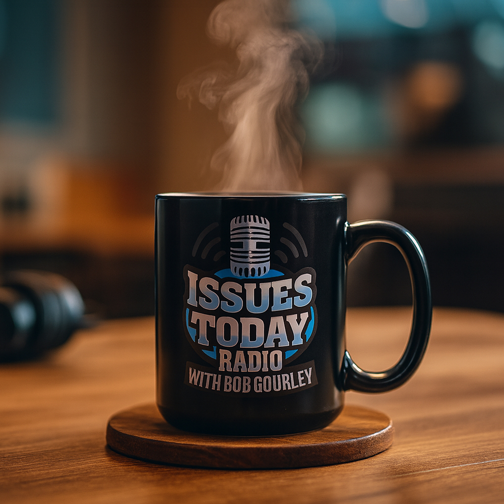 Side-by-side versions of the Issues Today logo for both Podcast and Radio, in black-and-white vector format featuring a vintage microphone and bold typography.