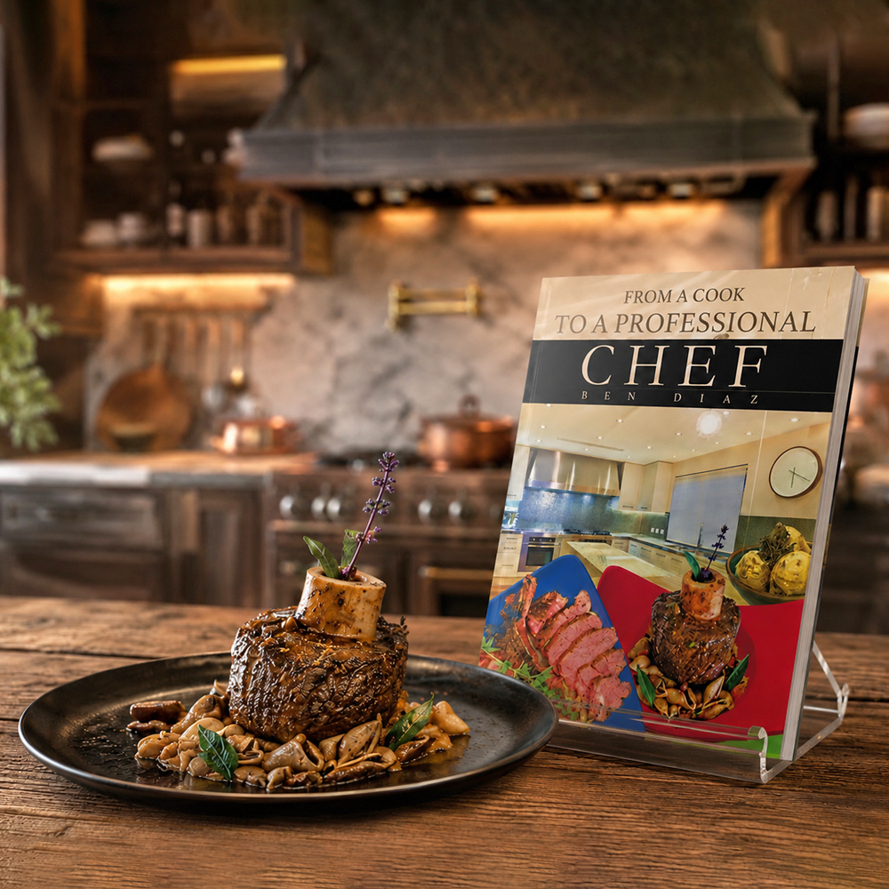 Chef Ben Diaz cookbook mockup shown on a rustic kitchen table with Chef Ben blurred in the background working near open flames