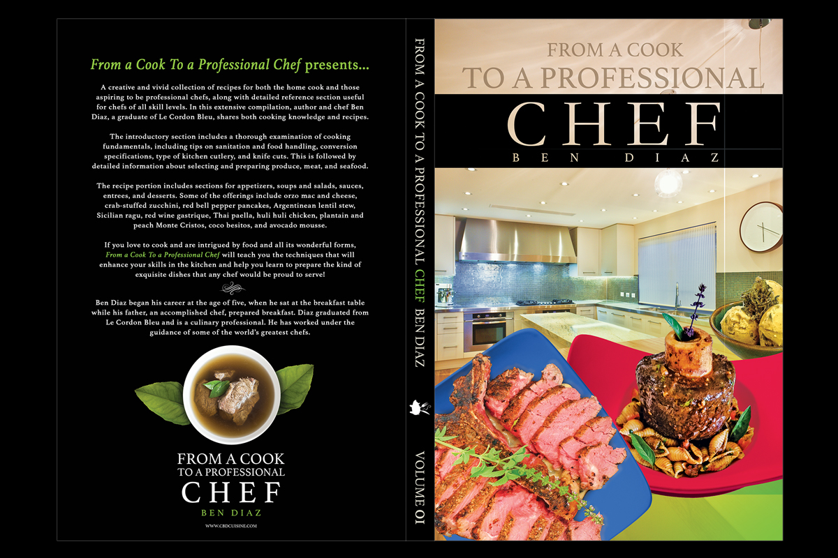 Flat full cover layout of the cookbook, including front, back, and spine designs with clean typography and food photography.