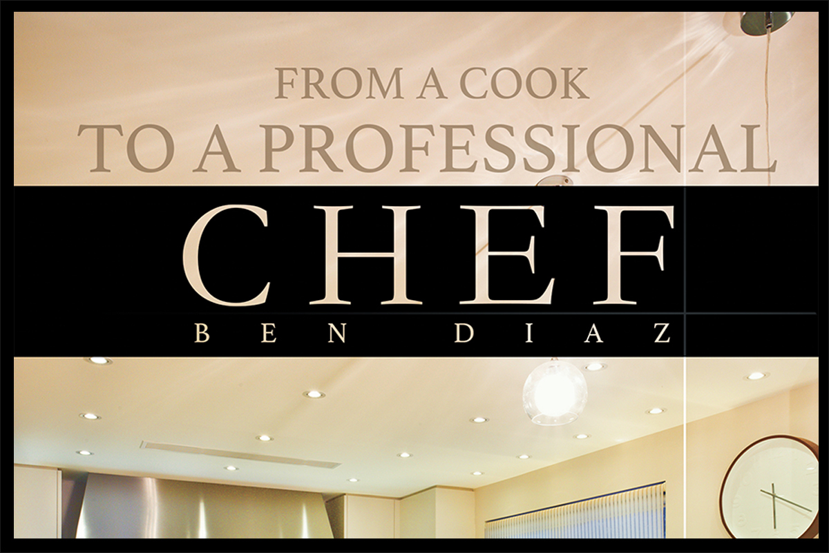 3D mockup showing the front and back of the book "From a Cook to a Professional Chef" by Ben Diaz.