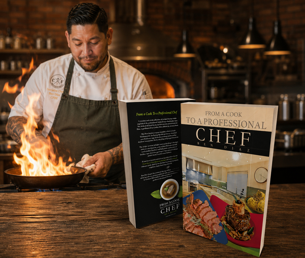 Chef Ben Diaz cookbook front and back cover mockup for From a Cook to a Professional Chef