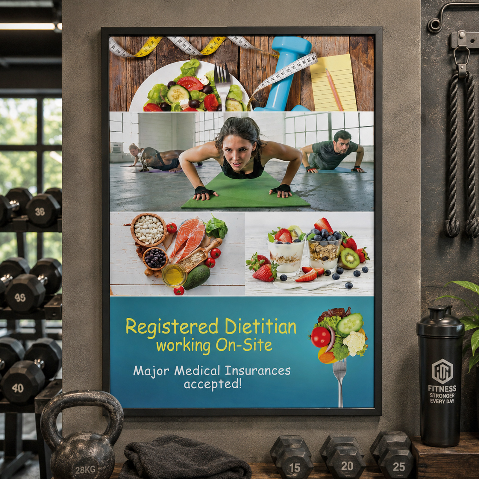 Poster layout featuring exercise, healthy meals, and a dietitian announcement with a clean modern health aesthetic