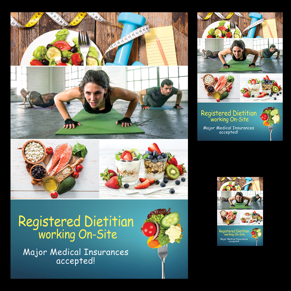 Full poster design showing integrated layout of health food, fitness activity, and wellness call-to-action