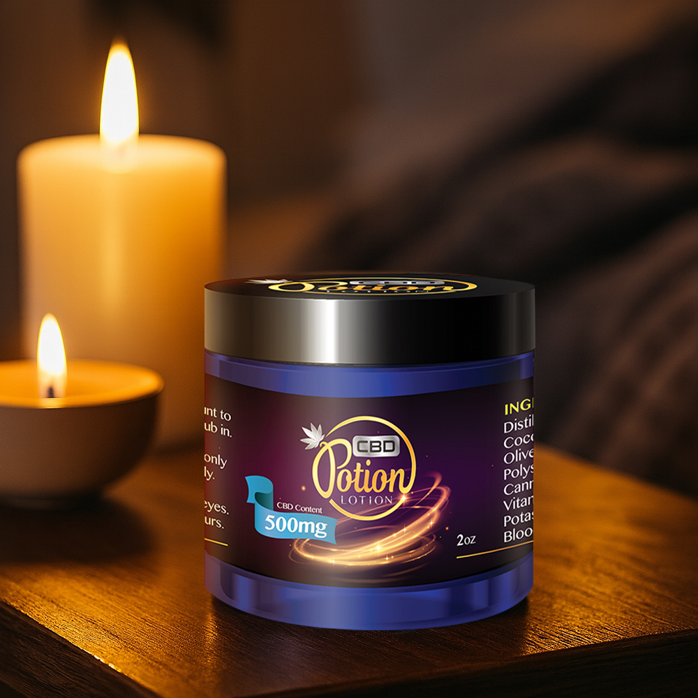 Labeled CBD Potion Lotion jars in 3D mockup showing glowing purple swirls, strength callout, and usage instructions