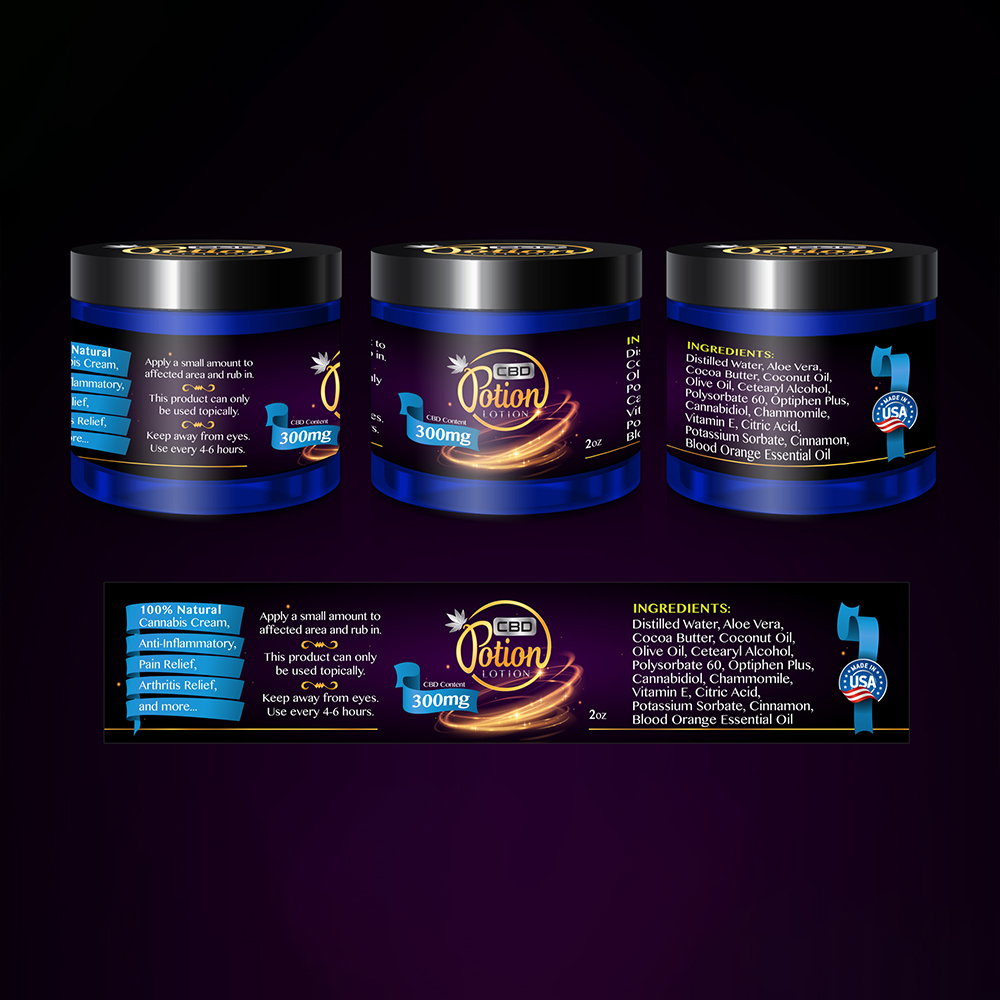Flat label layout for Experience CBD Potion Lotion with ingredient list, CBD content, and health benefit highlights