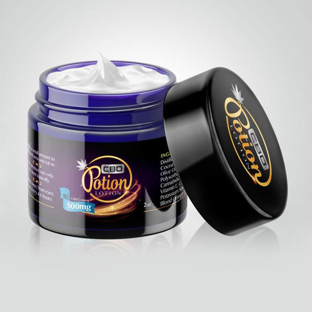 Close-up mockup of 300mg CBD Potion Lotion front label with swirl effects and bold typography