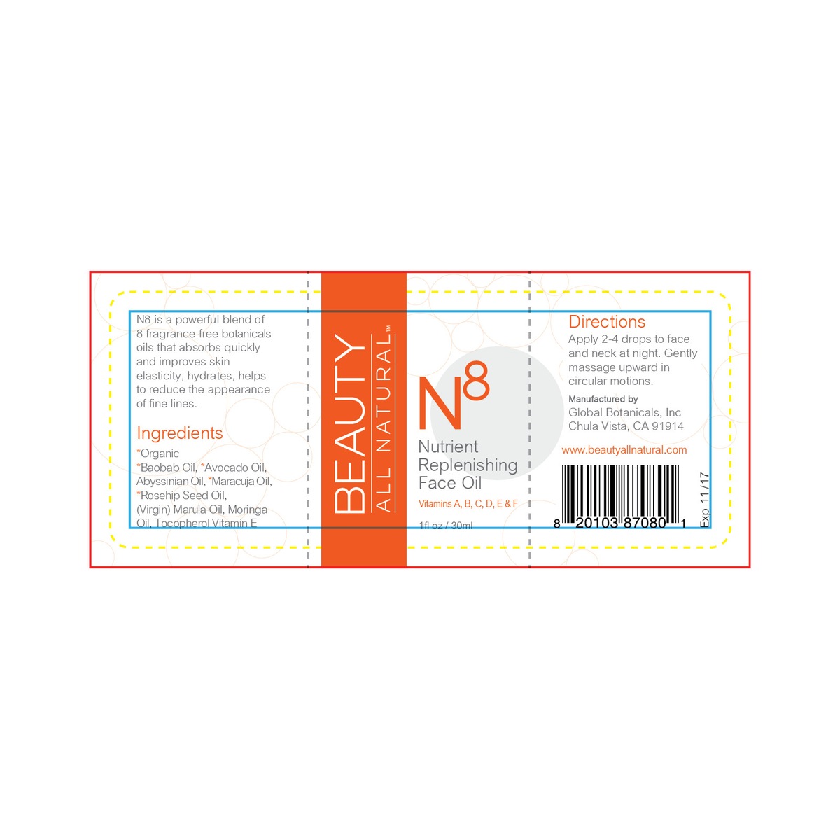 Beauty All Natural N8 print-ready product label with crop marks