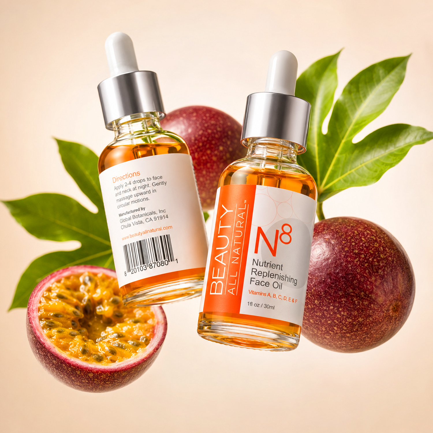 Beauty All Natural N8 face oil bottles with passion fruit and leaves