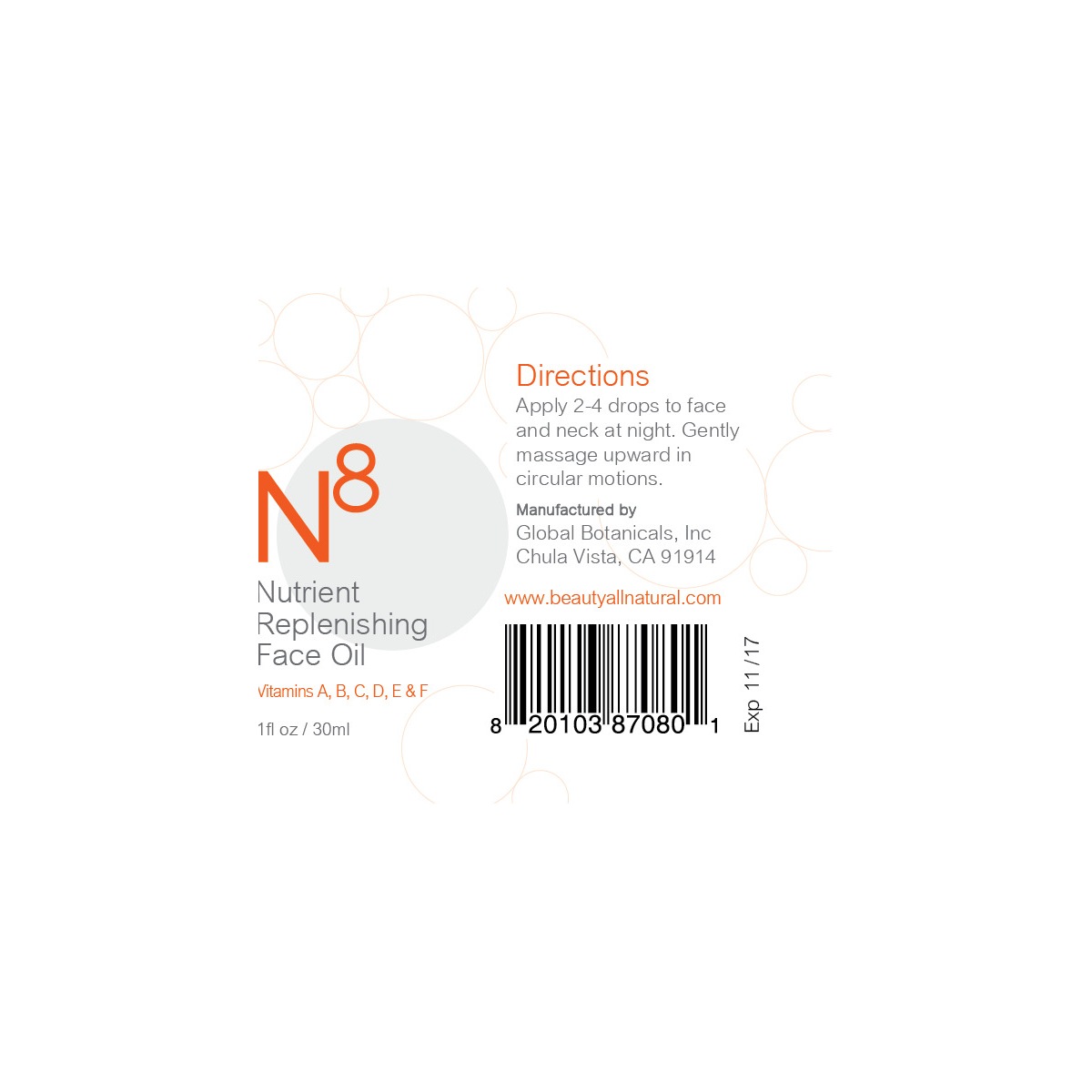 Beauty All Natural N8 label detail showing product identity and barcode