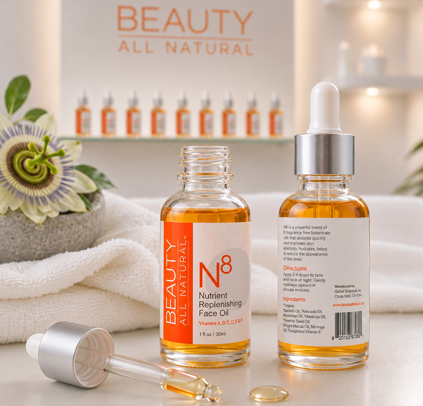 Beauty All Natural N8 product scene with towel, flower, and branded shelf display