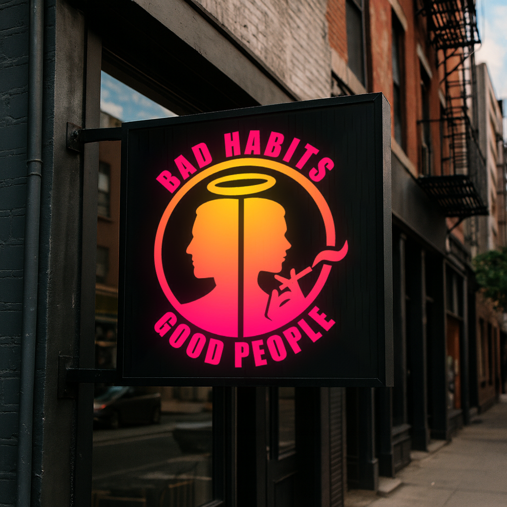 Bad Habits Good People logo displayed as a glowing urban shop sign.