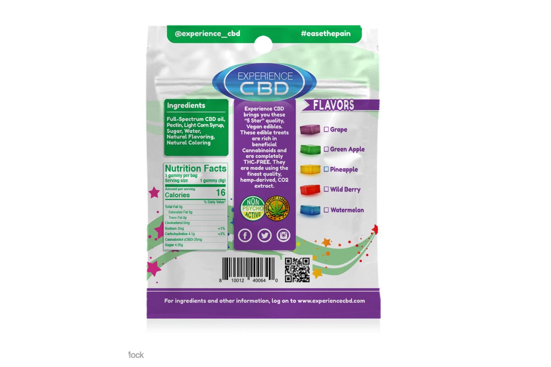 Broad Spectrum Jellys 100mg pouch back panel with ingredients and nutrition facts