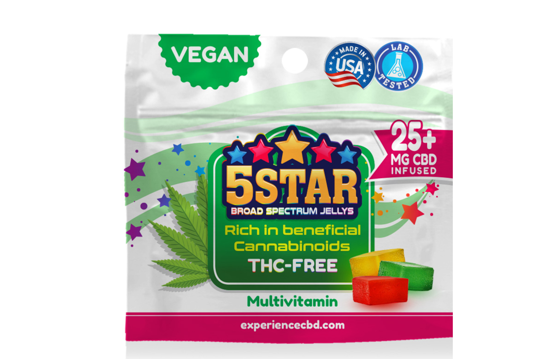 Broad Spectrum Jellys 25mg pouch front panel mockup in pink accent color