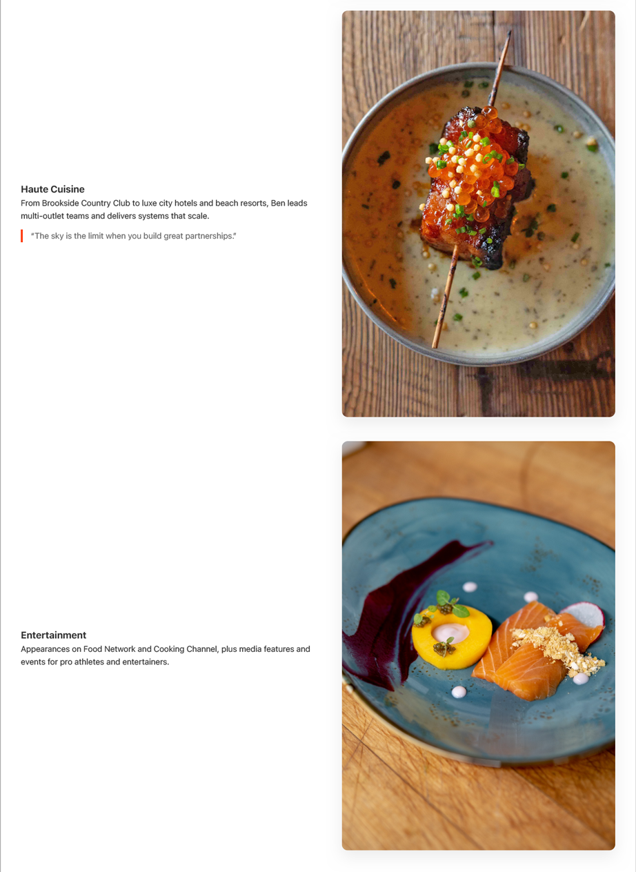Haute Cuisine section highlighting high-end dish with salmon skewer and caviar over sauce