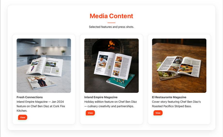 Media Content section with magazine features on Chef Ben Díaz