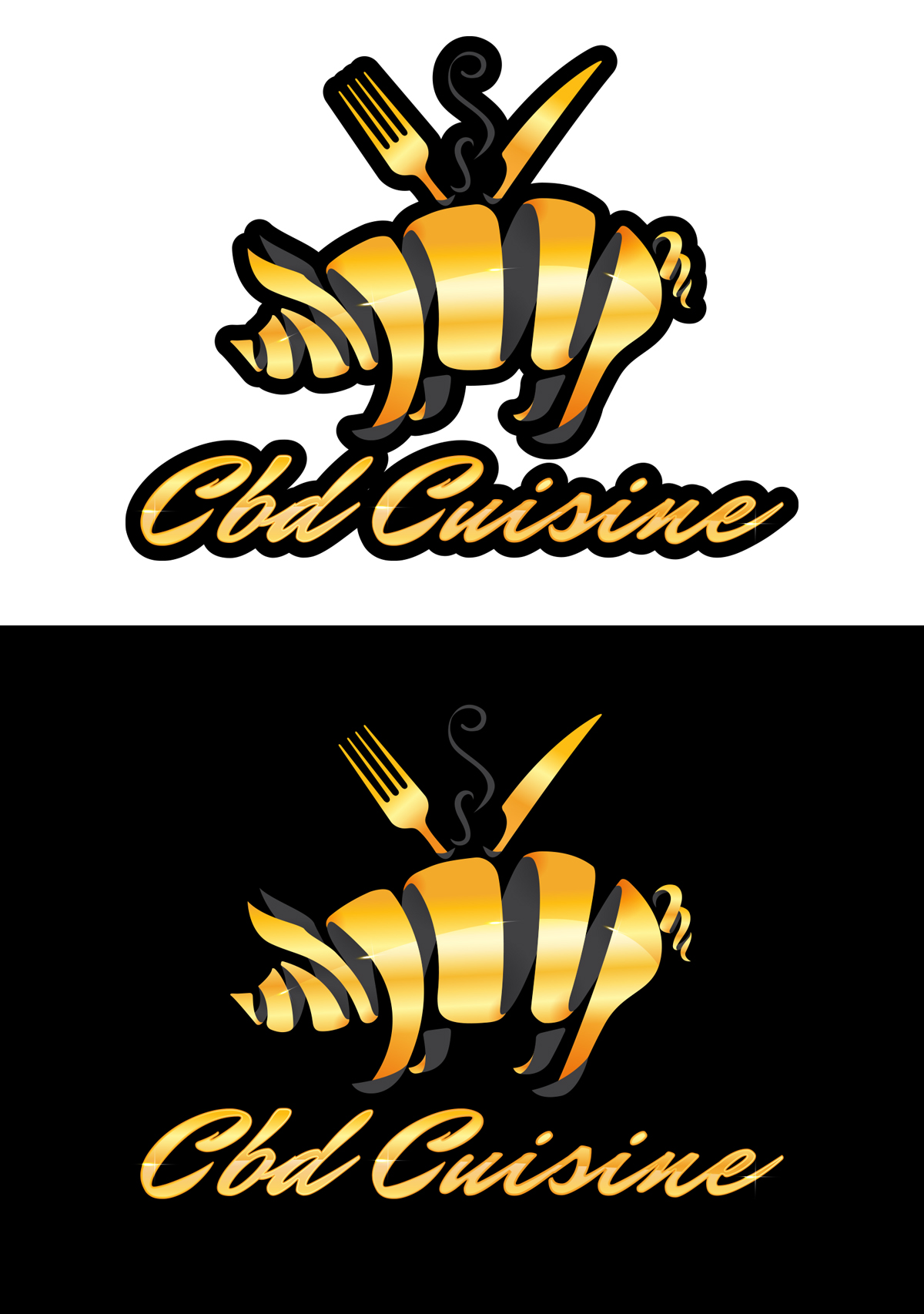 Gold logo presentation compared on a white background and a black background