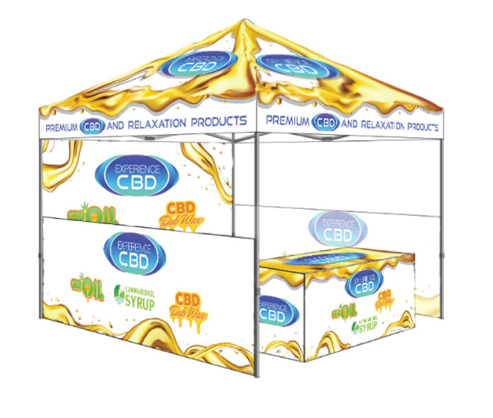 Experience CBD branded 10x10 canopy tent and table exhibition render