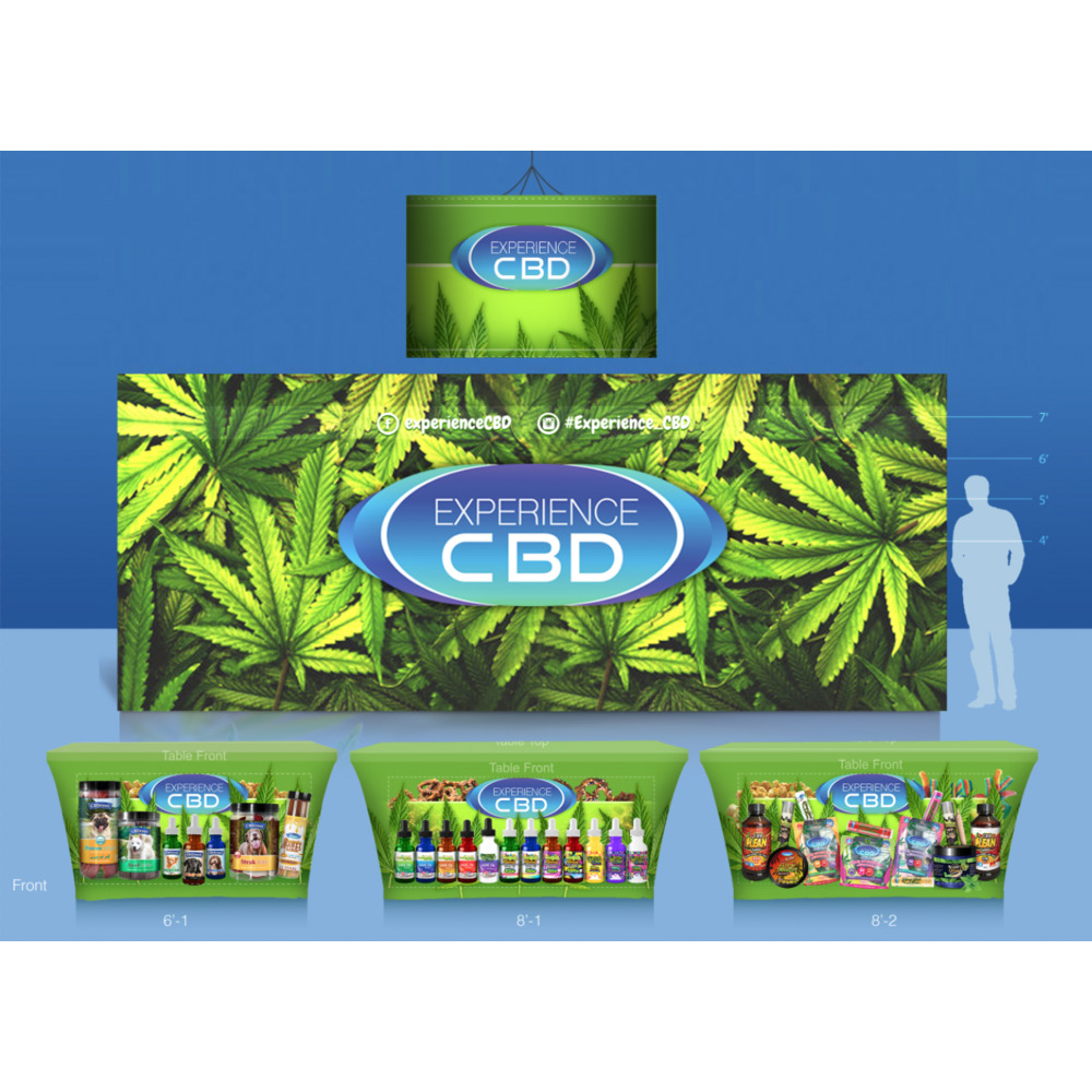 Experience CBD booth wall and branded table-cover composite, shown with human-scale reference