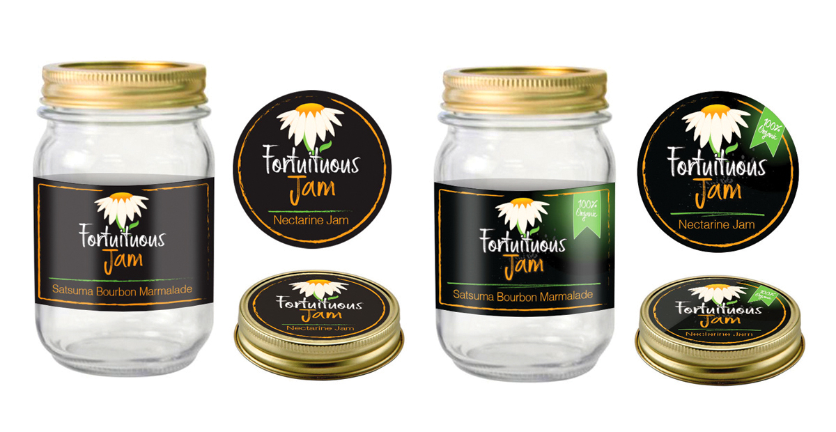 Fortuitous Jam packaging mockup board: Satsuma Bourbon Marmalade jar labels, Nectarine Jam lid labels, gold lid presentations, and 100% Organic ribbon label variations