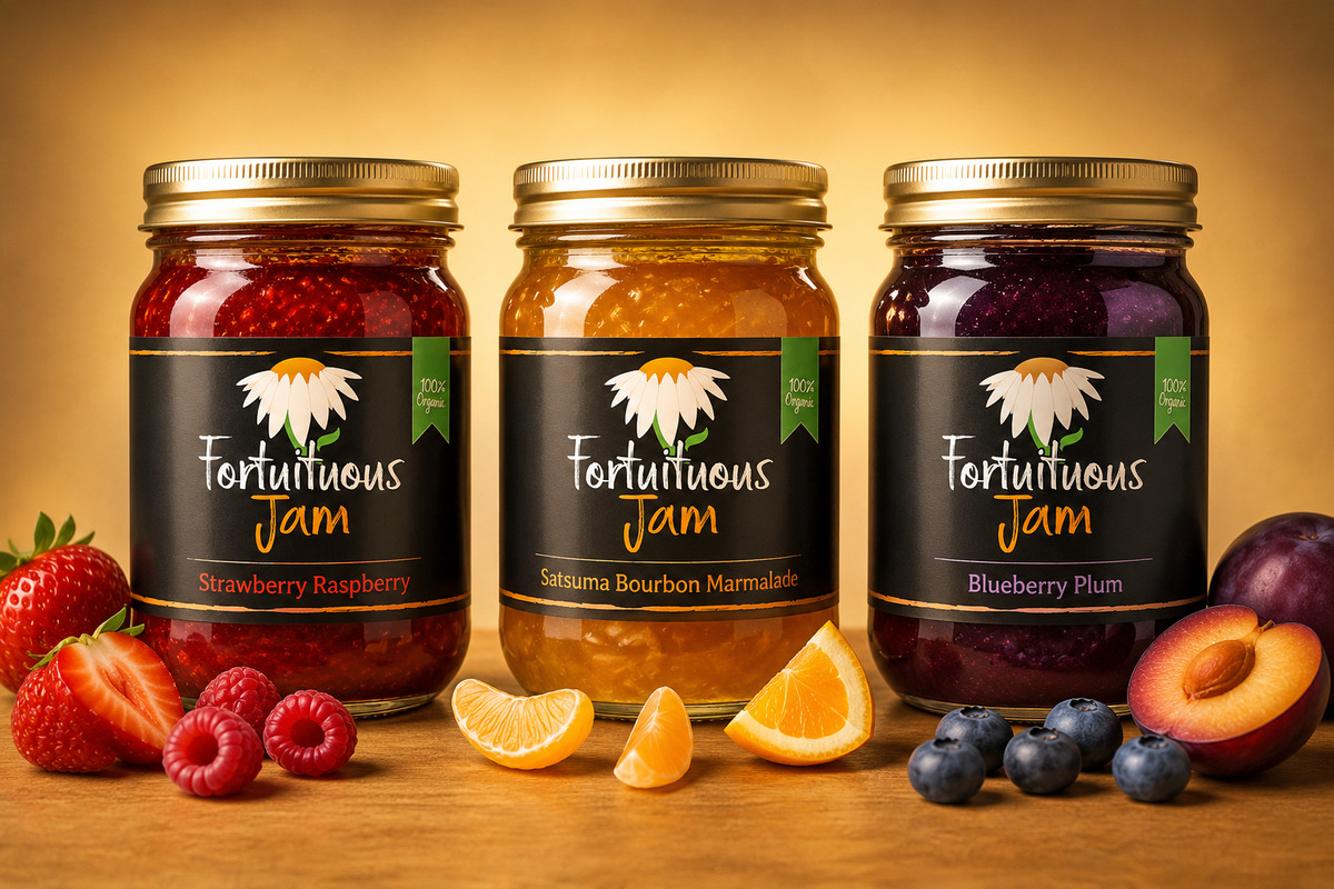 Fortuitous Jam three-flavor product lineup featuring Strawberry Raspberry, Satsuma Bourbon Marmalade, and Blueberry Plum jars with coordinated label applications, gold lids, and fresh fruit accents on a warm golden background