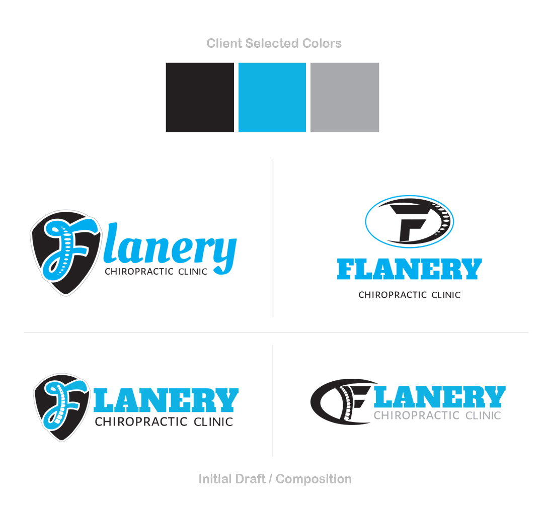 Flanery Chiropractic Clinic client-selected color palette alongside initial logo composition exploration