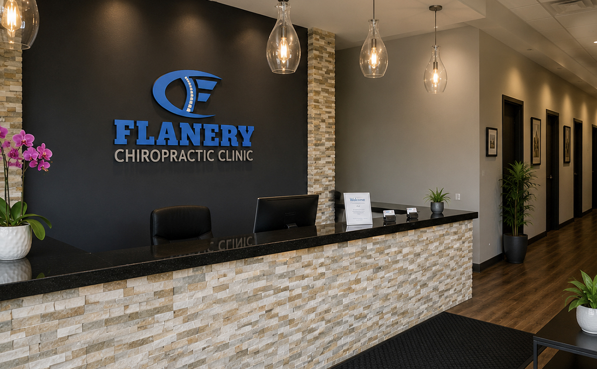 Flanery Chiropractic Clinic identity applied to an interior clinic reception signage mockup
