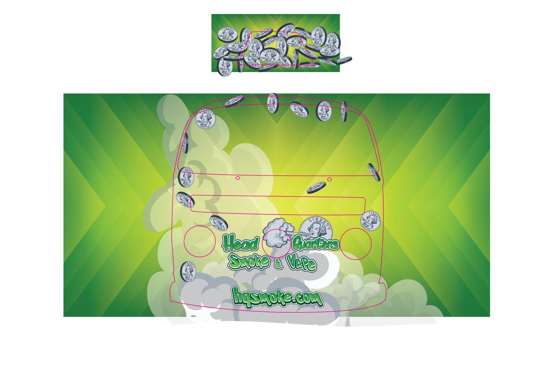 HQ Vehicle Wrap placement guide showing artwork against the vehicle silhouette template with cutlines