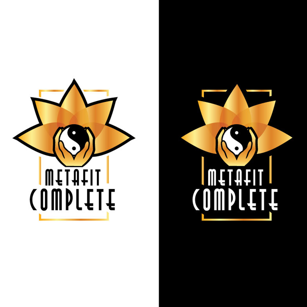 Black and white Metafit Complete logo variations showing form studies and outline options