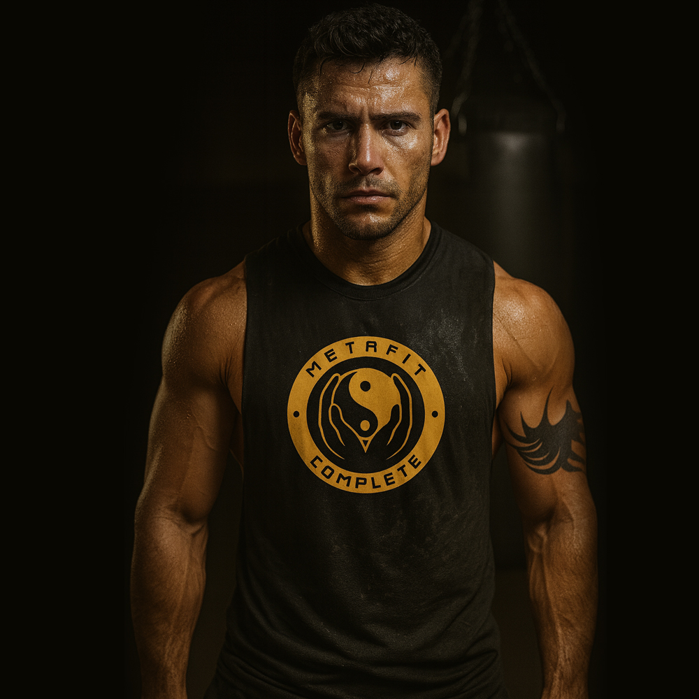 Athletic apparel shirt mockup with Metafit Complete circular gold emblem on a sleeveless top