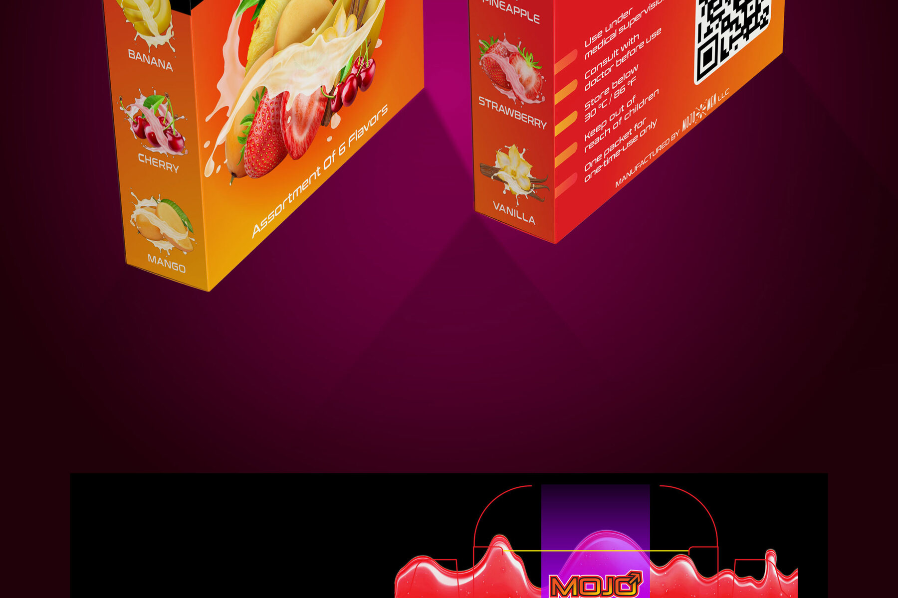 Mojo Men folded box packaging mockup, six-flavor assortment