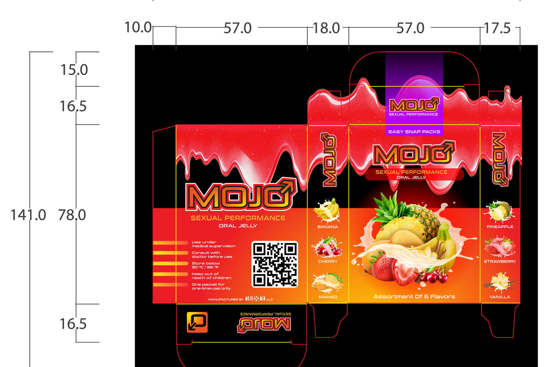 Mojo Men folding carton box structure and dieline with dimensions