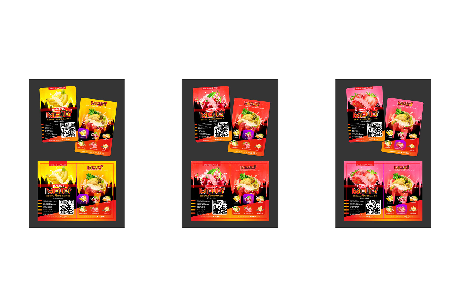 Mojo Men sachet comparison sheet across Banana, Cherry, and Strawberry flavors